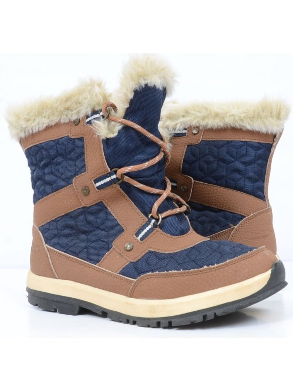Bearpaw Women 9 Marina Snow Boots Blue Quilted Nylon/Leather Waterproof Faux Fur